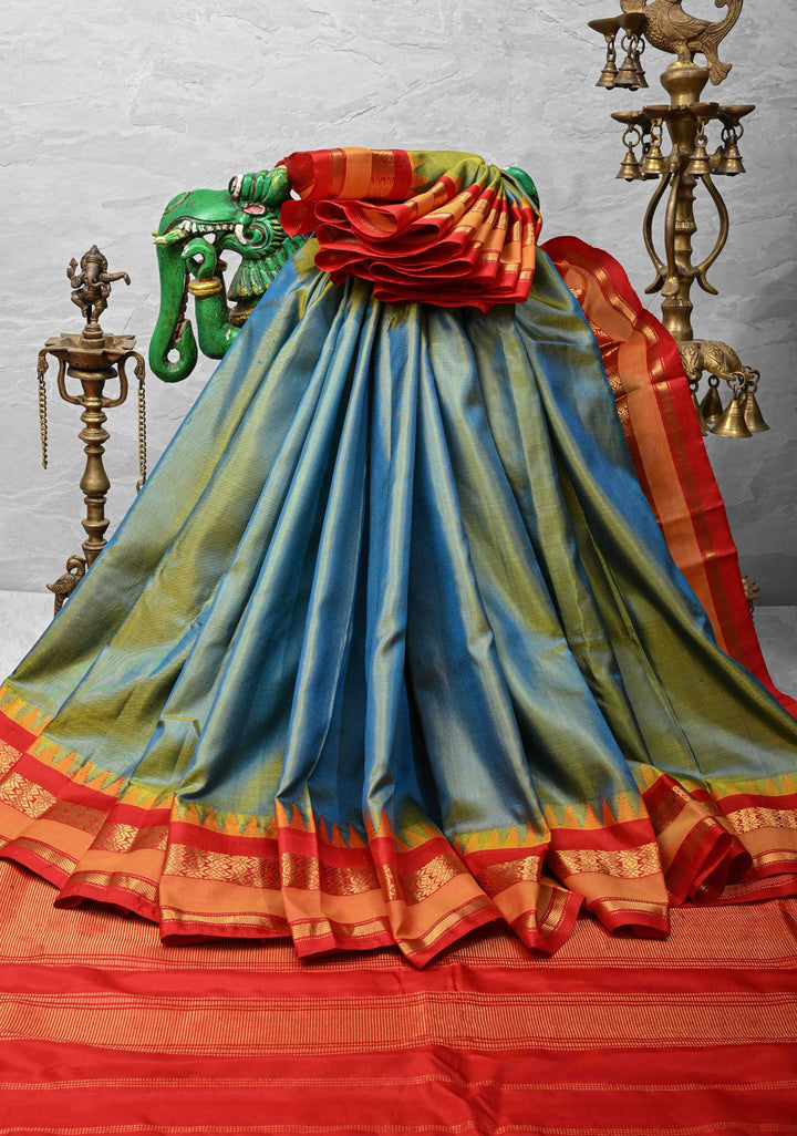 Green & Blue Dual Tone Gadwal Silk Cotton Saree With Contrast Zari Border