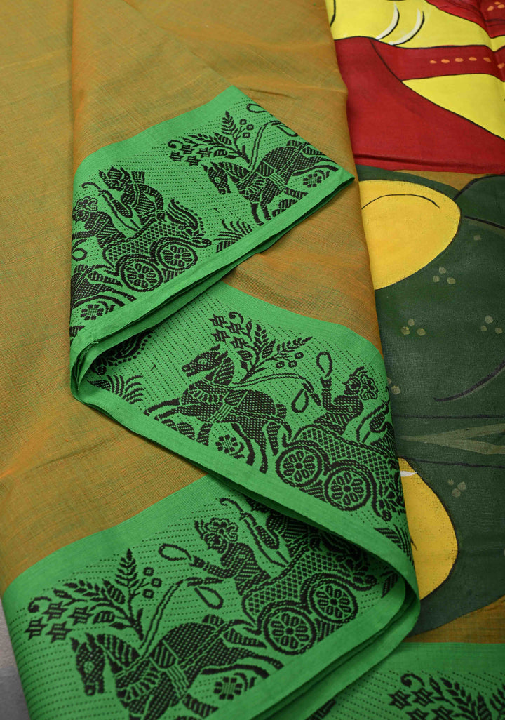 Green Dual tone Kanchi Cotton Saree with Gouri Ganesh Handpainting on Pallu, No Blouse Piece