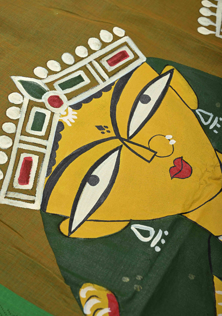 Green Dual tone Kanchi Cotton Saree with Gouri Ganesh Handpainting on Pallu, No Blouse Piece