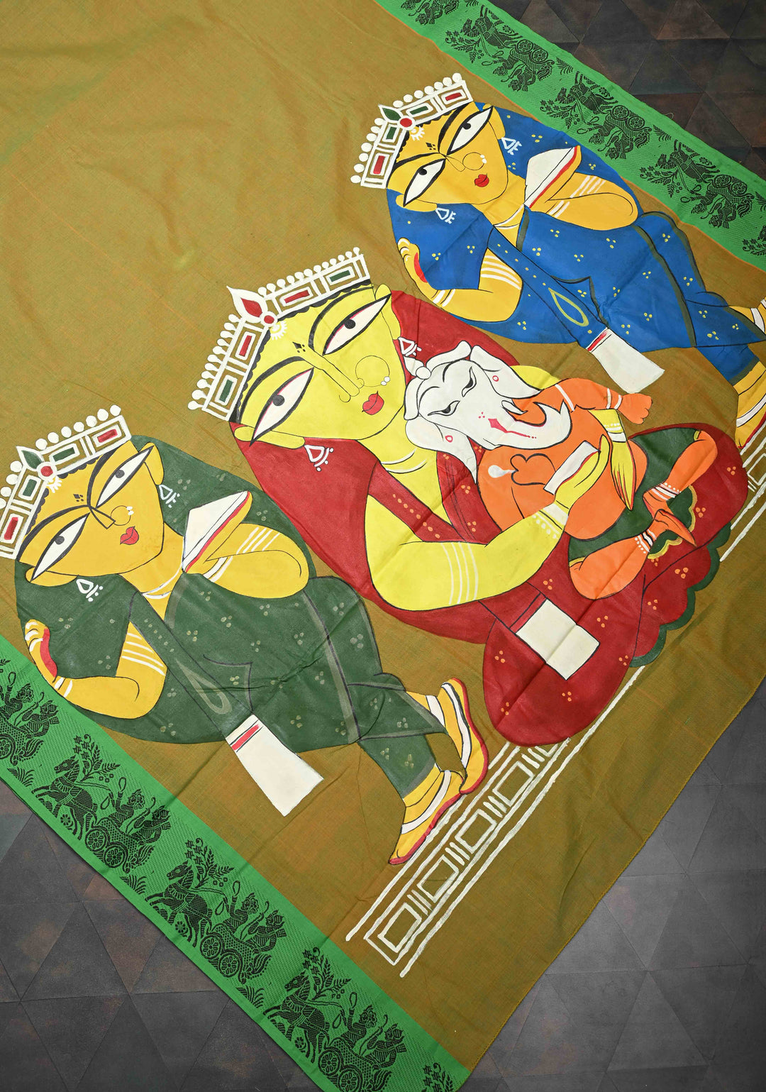 Green Dual tone Kanchi Cotton Saree with Gouri Ganesh Handpainting on Pallu, No Blouse Piece