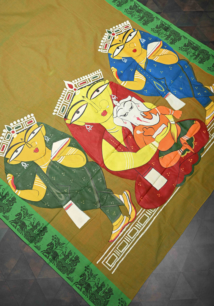 Green Dual tone Kanchi Cotton Saree with Gouri Ganesh Handpainting on Pallu, No Blouse Piece