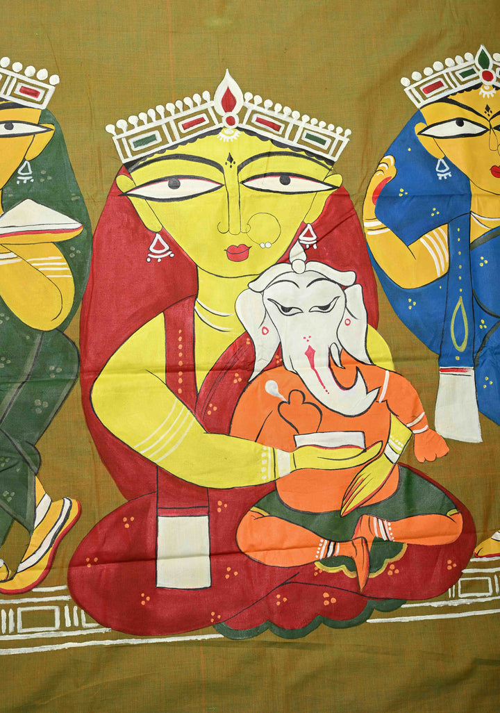 Green Dual tone Kanchi Cotton Saree with Gouri Ganesh Handpainting on Pallu, No Blouse Piece