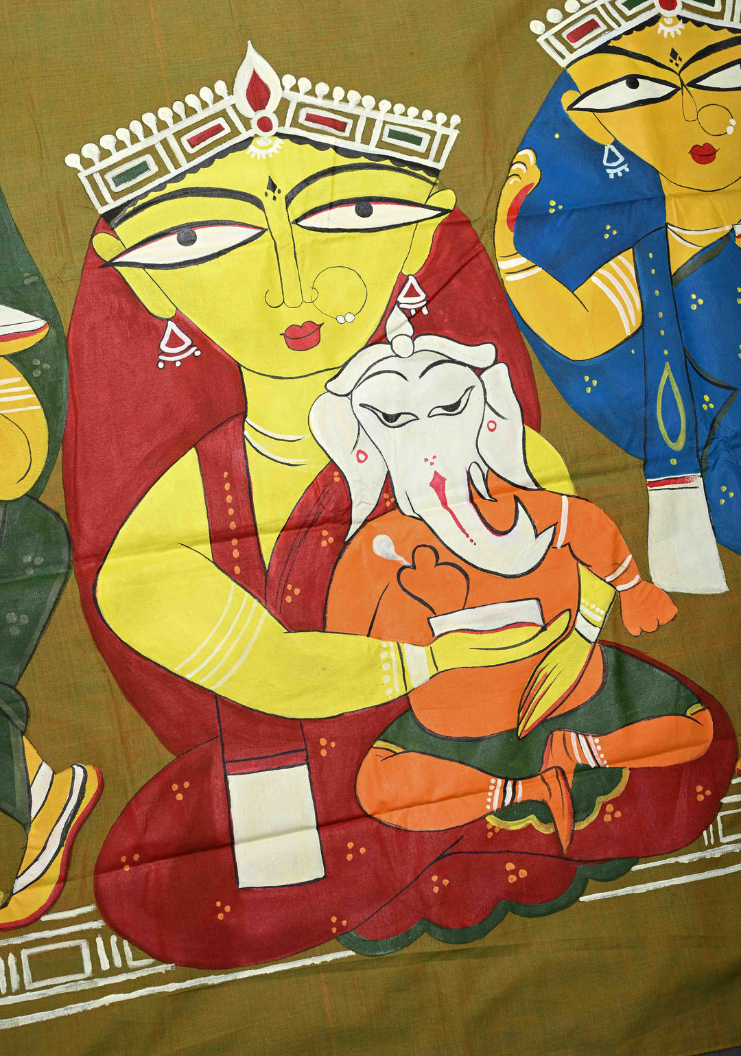 Green Dual tone Kanchi Cotton Saree with Gouri Ganesh Handpainting on Pallu, No Blouse Piece
