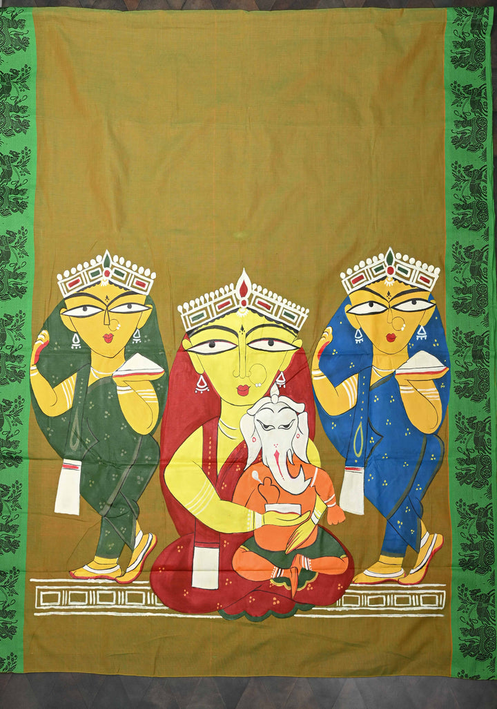 Green Dual tone Kanchi Cotton Saree with Gouri Ganesh Handpainting on Pallu, No Blouse Piece