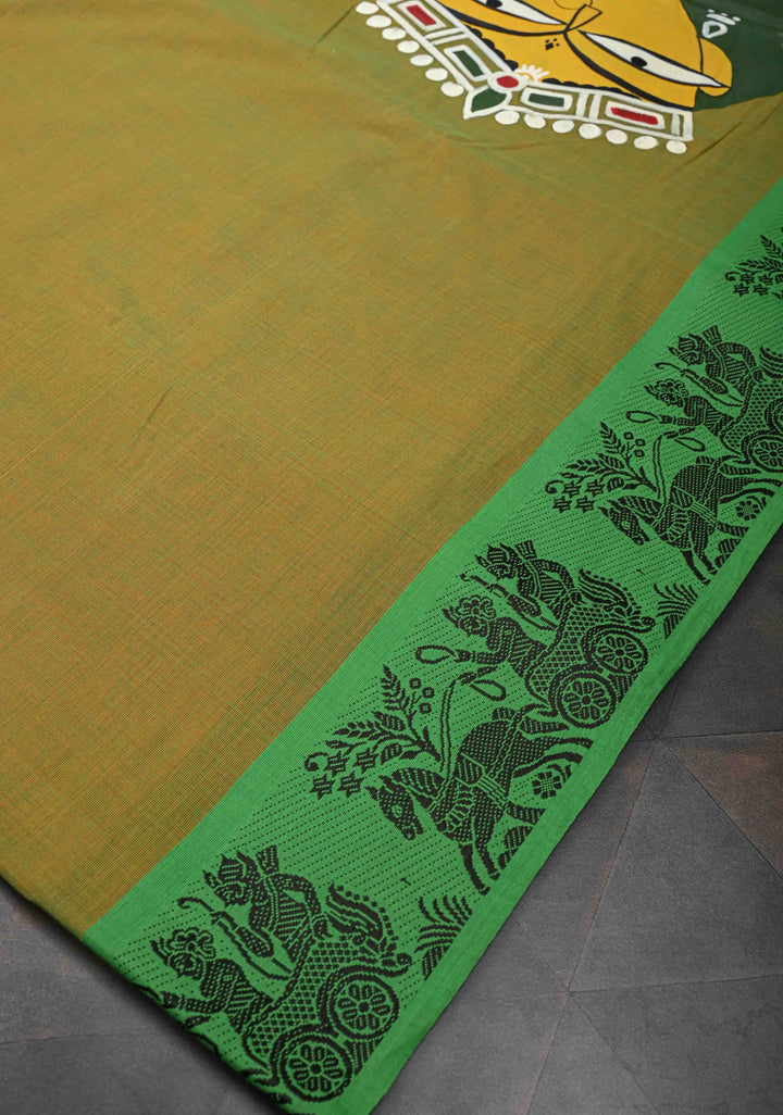 Green Dual tone Kanchi Cotton Saree with Gouri Ganesh Handpainting on Pallu, No Blouse Piece