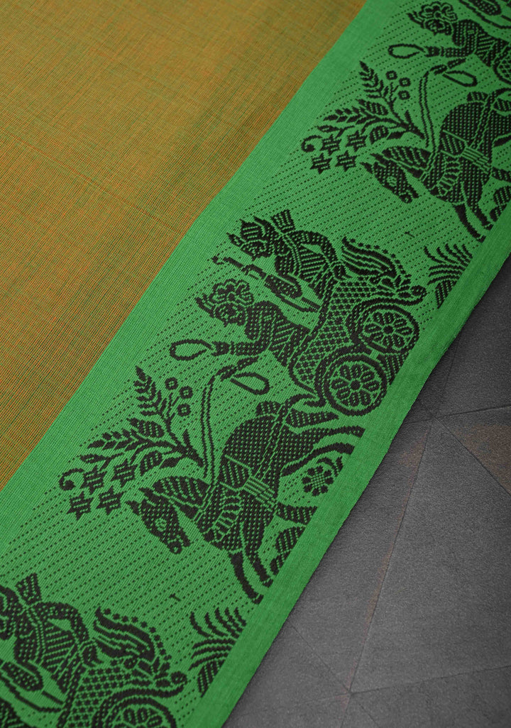 Green Dual tone Kanchi Cotton Saree with Gouri Ganesh Handpainting on Pallu, No Blouse Piece