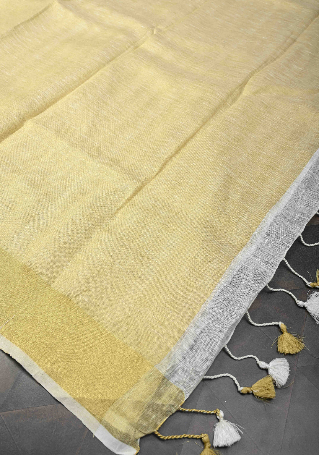 Gold and White Linen Saree with Vertical Tissue Stripes Design and Zari Border
