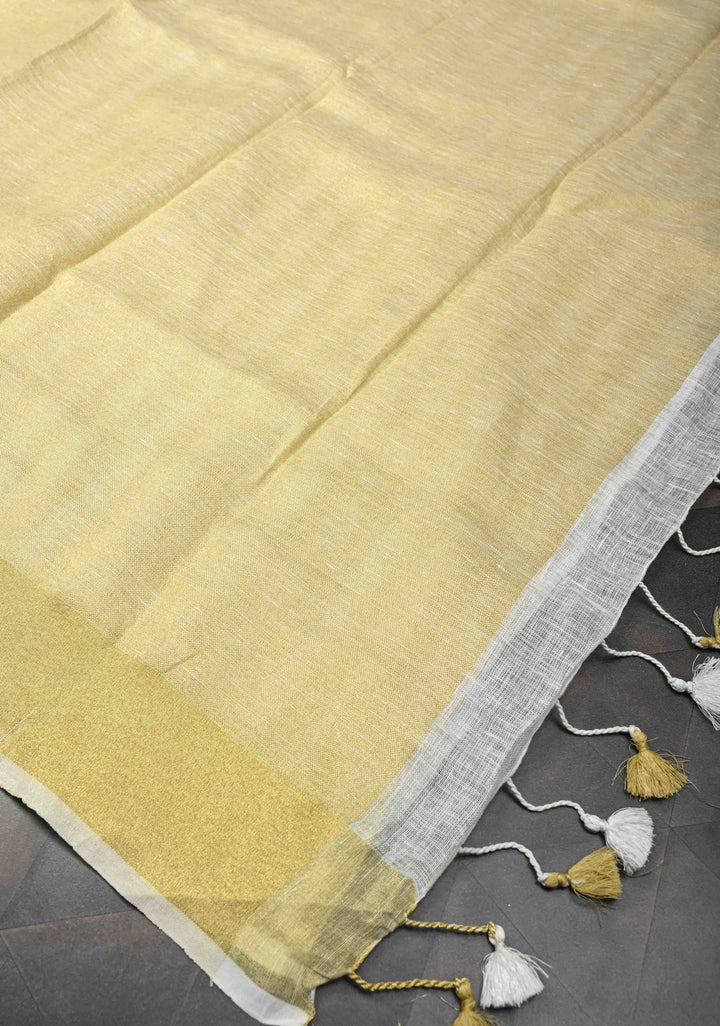 Gold and White Linen Saree with Vertical Tissue Stripes Design and Zari Border