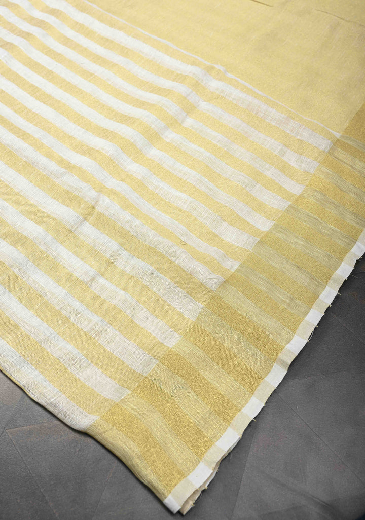 Gold and White Linen Saree with Vertical Tissue Stripes Design and Zari Border