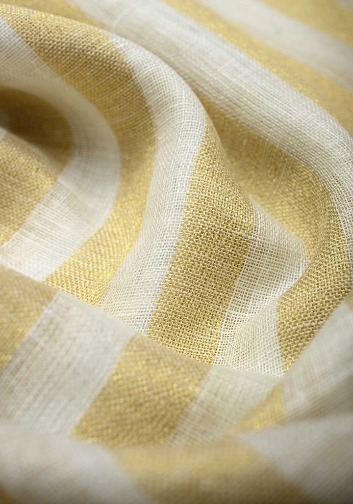 Gold and White Linen Saree with Vertical Tissue Stripes Design and Zari Border