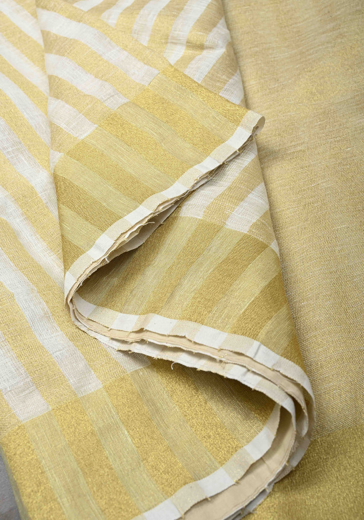 Gold and White Linen Saree with Vertical Tissue Stripes Design and Zari Border