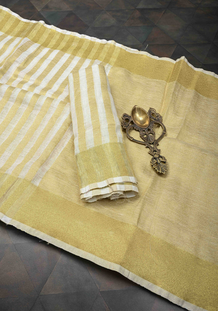 Gold and White Linen Saree with Vertical Tissue Stripes Design and Zari Border