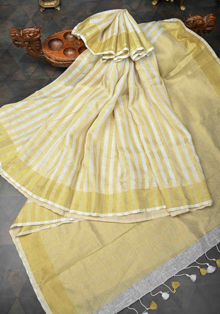 Gold and White Linen Saree with Vertical Tissue Stripes Design and Zari Border