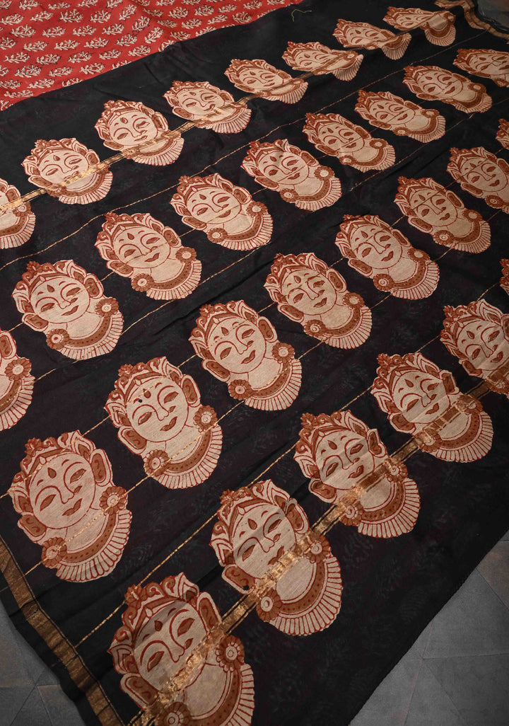 Maroon Chanderi Cotton Silk Saree with Sanganeri Hand Block Print and Zari Border