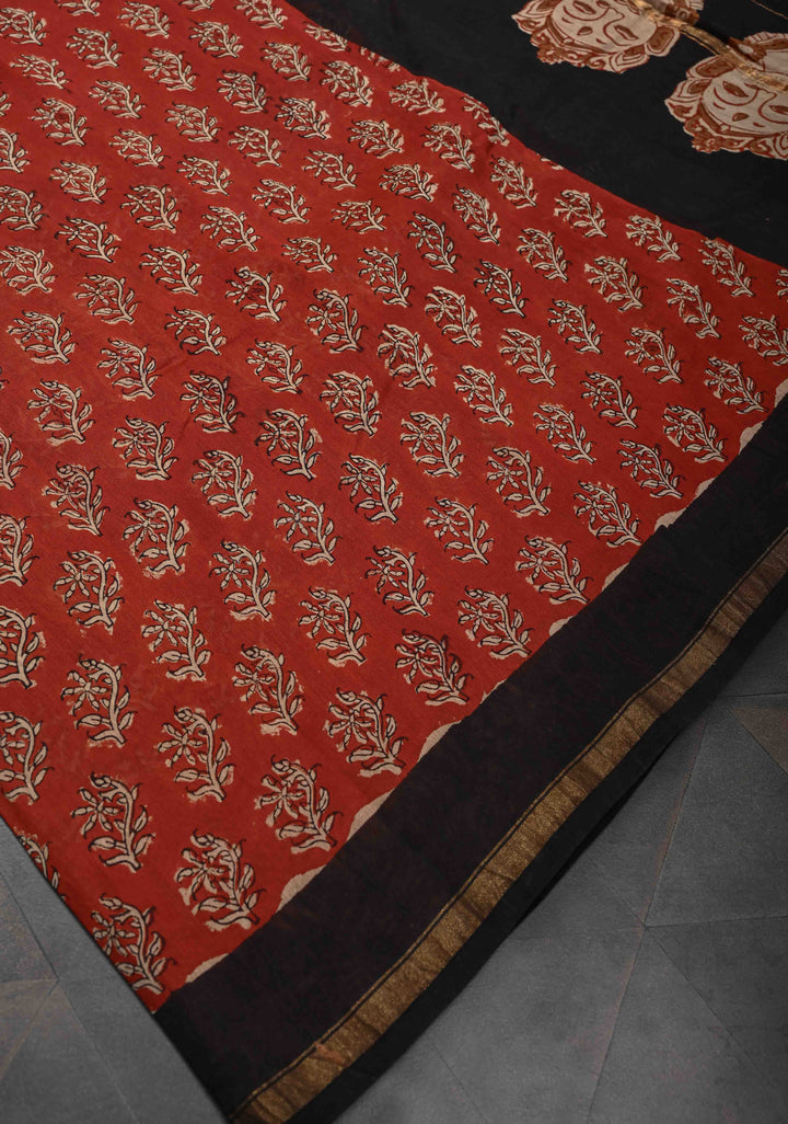 Maroon Chanderi Cotton Silk Saree with Sanganeri Hand Block Print and Zari Border
