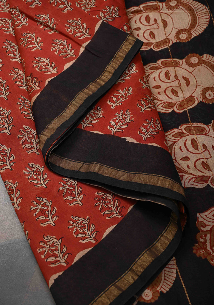 Maroon Chanderi Cotton Silk Saree with Sanganeri Hand Block Print and Zari Border