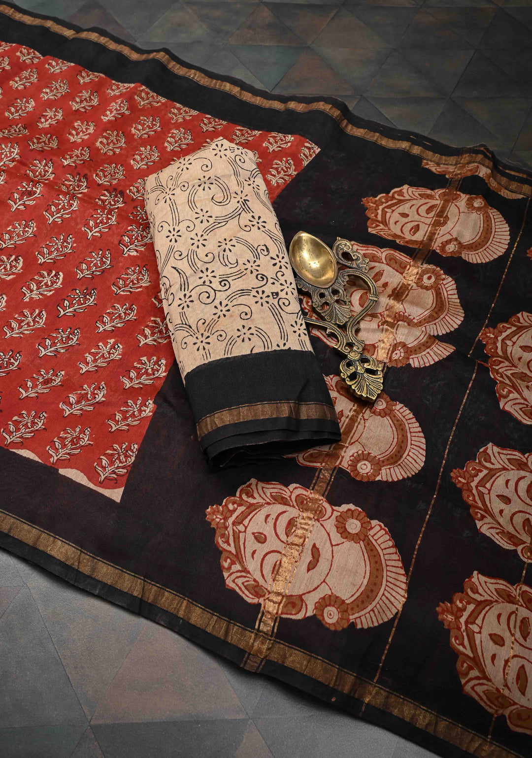 Maroon Chanderi Cotton Silk Saree with Sanganeri Hand Block Print and Zari Border