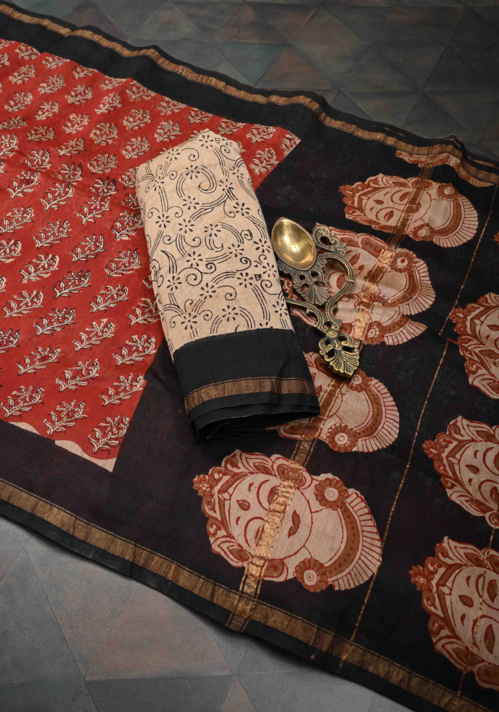 Maroon Chanderi Cotton Silk Saree with Sanganeri Hand Block Print and Zari Border