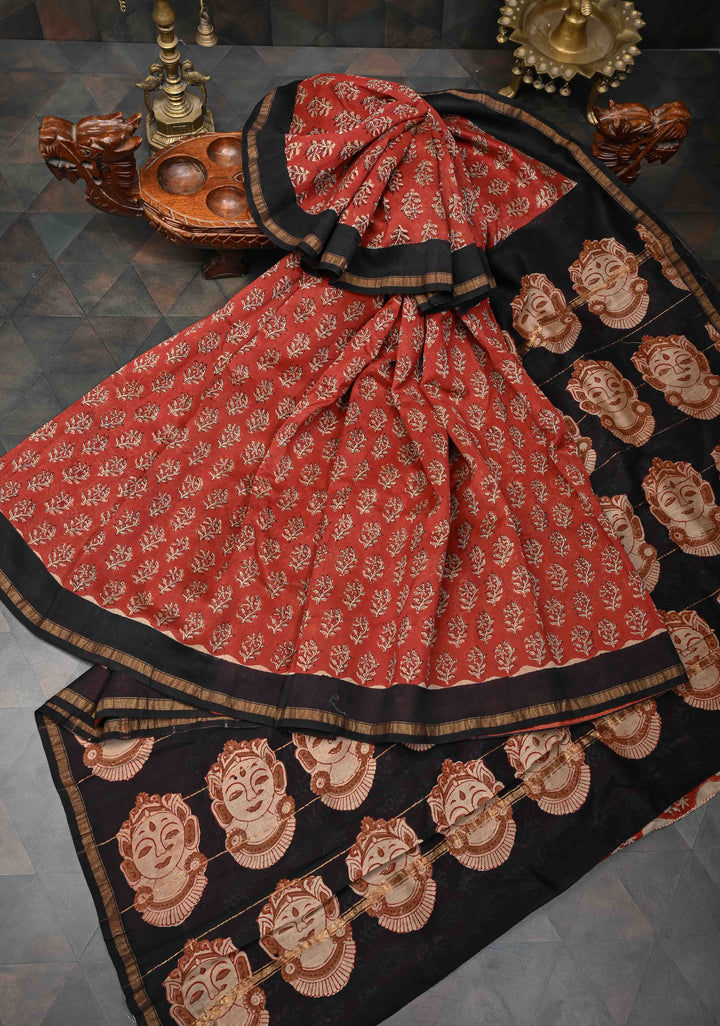Maroon Chanderi Cotton Silk Saree with Sanganeri Hand Block Print and Zari Border
