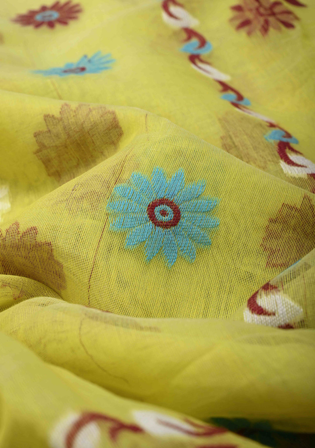 Yellow Authentic Hand Jamdani on Bengal Cotton Saree with Lace Border, No Blouse Piece