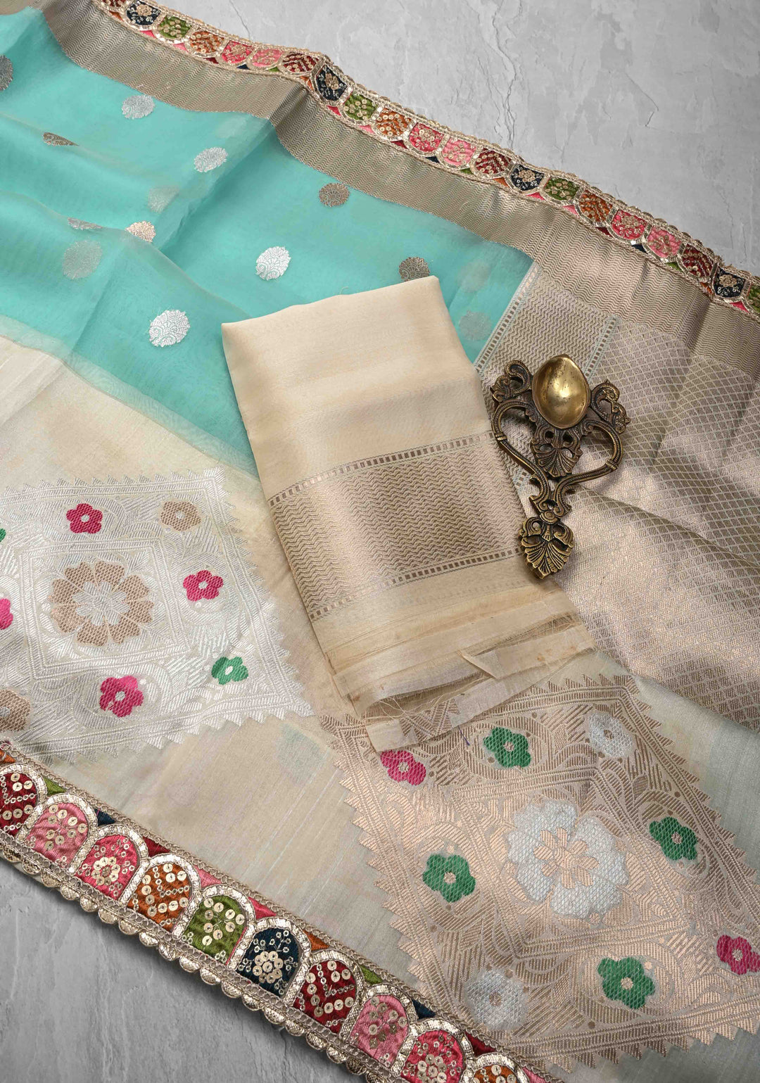 Aqua Blue Banarasi Kora Silk Saree with Sona Rupa Buttas and Kadhiyal Border and multicolor Lace trim| SILK MARK CERTIFIED
