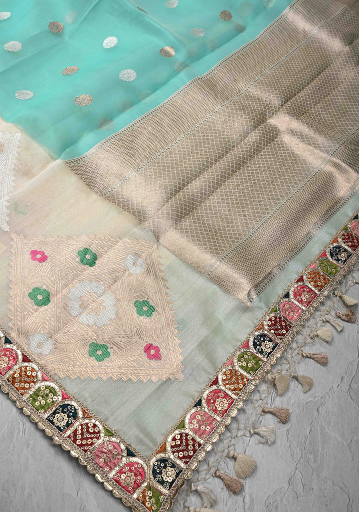 Aqua Blue Banarasi Kora Silk Saree with Sona Rupa Buttas and Kadhiyal Border and multicolor Lace trim| SILK MARK CERTIFIED