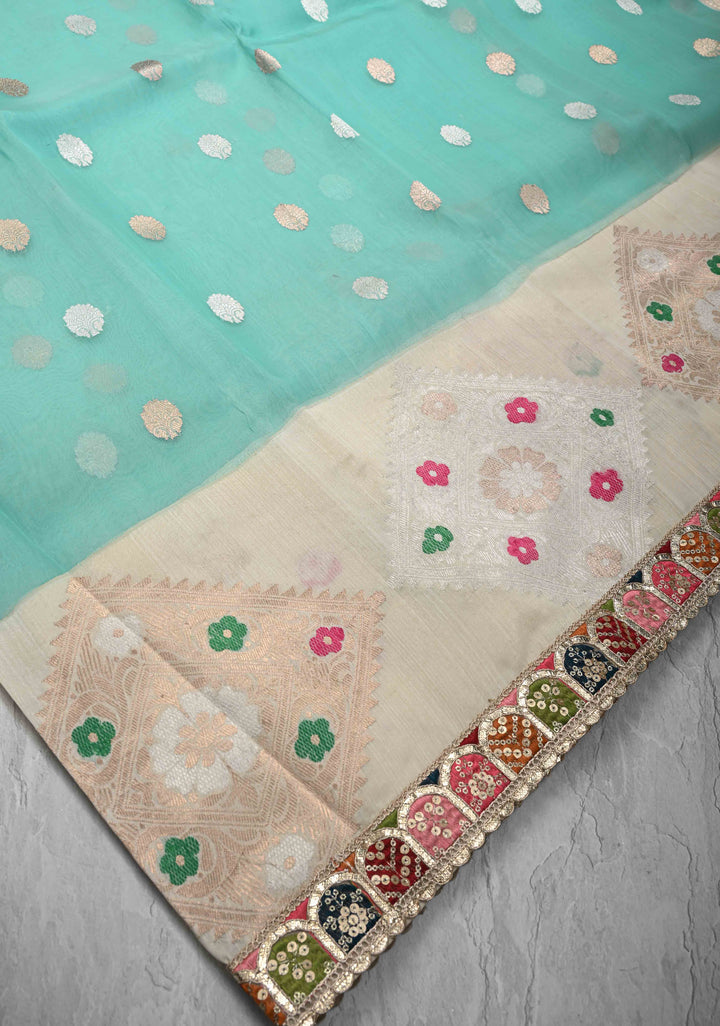Aqua Blue Banarasi Kora Silk Saree with Sona Rupa Buttas and Kadhiyal Border and multicolor Lace trim| SILK MARK CERTIFIED