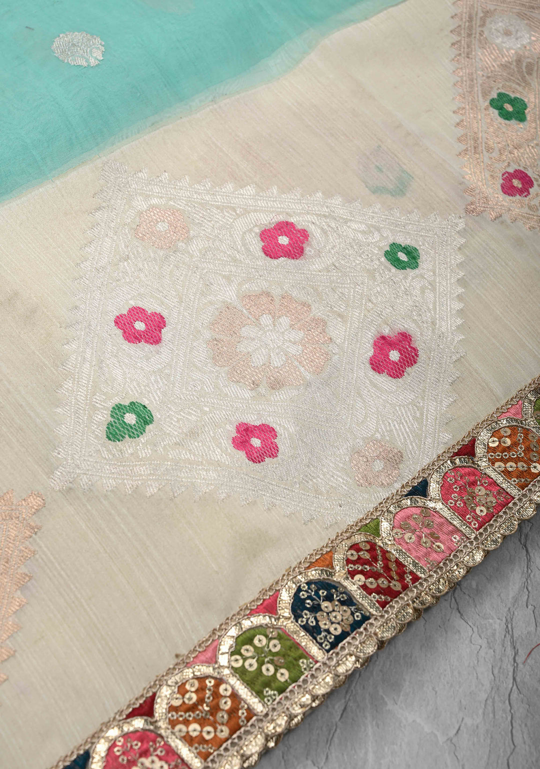 Aqua Blue Banarasi Kora Silk Saree with Sona Rupa Buttas and Kadhiyal Border and multicolor Lace trim| SILK MARK CERTIFIED