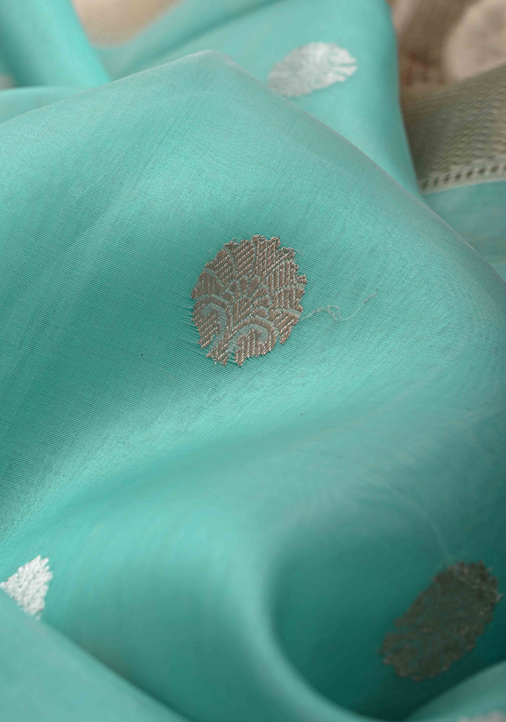 Aqua Blue Banarasi Kora Silk Saree with Sona Rupa Buttas and Kadhiyal Border and multicolor Lace trim| SILK MARK CERTIFIED