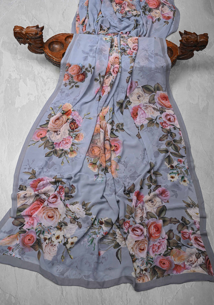 Powder Blue Chiffon Saree with Floral Digital Prints