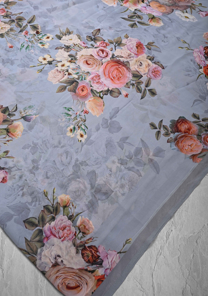 Powder Blue Chiffon Saree with Floral Digital Prints
