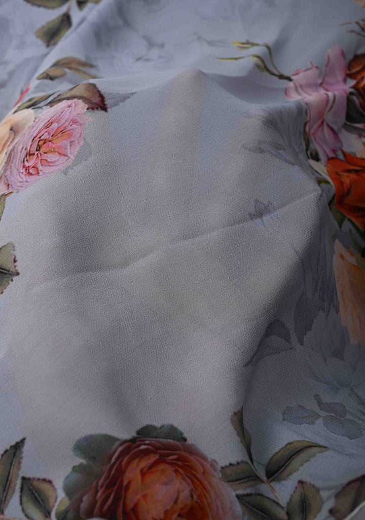 Powder Blue Chiffon Saree with Floral Digital Prints