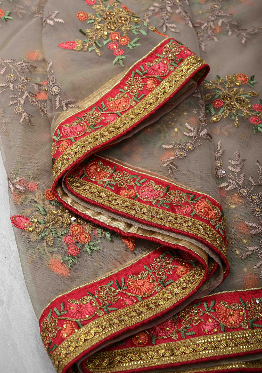 Light Gray Net Saree with meenakari floral embroidery, bead work and lace border