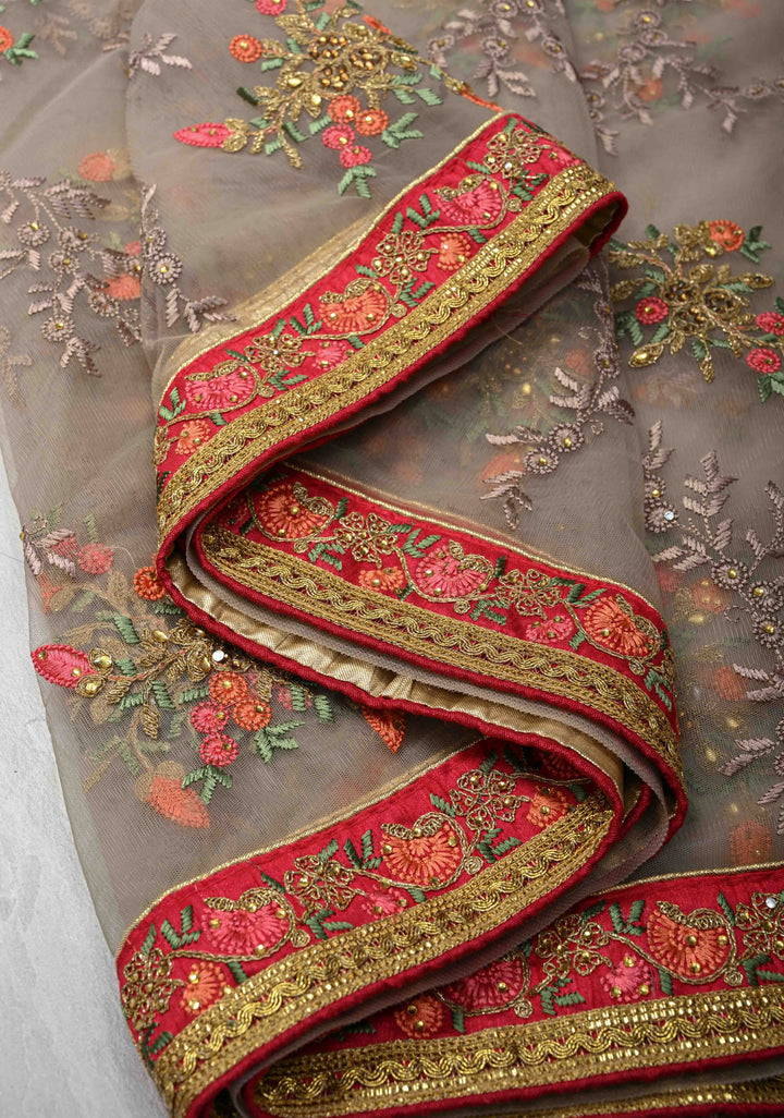 Light Gray Net Saree with meenakari floral embroidery, bead work and lace border