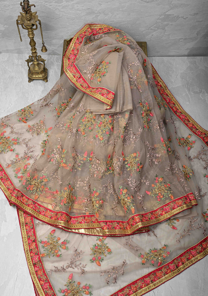 Light Gray Net Saree with meenakari floral embroidery, bead work and lace border