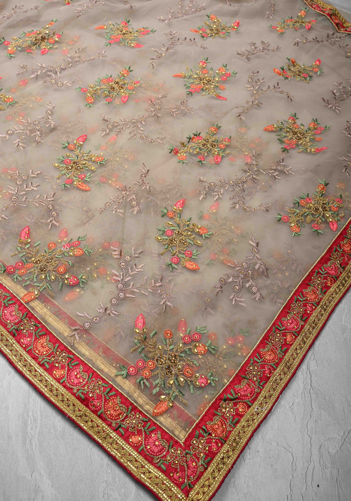 Light Gray Net Saree with meenakari floral embroidery, bead work and lace border