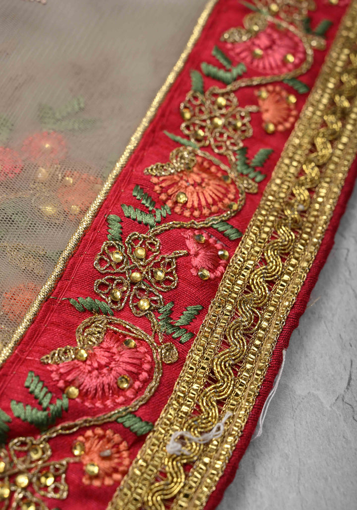 Light Gray Net Saree with meenakari floral embroidery, bead work and lace border