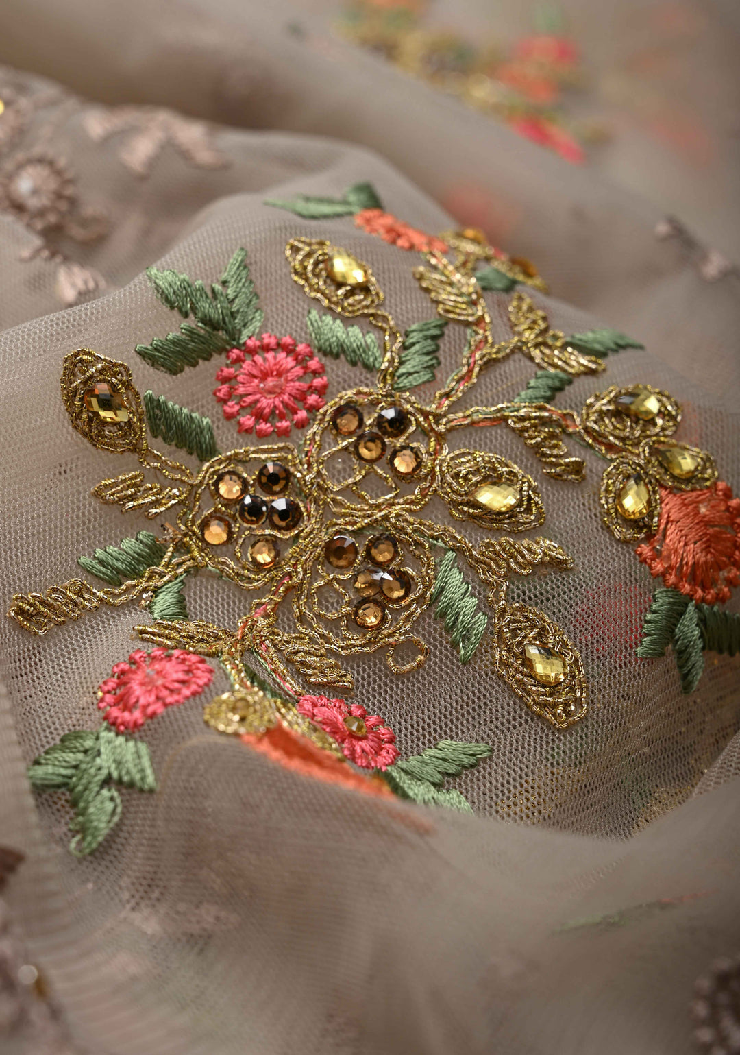 Light Gray Net Saree with meenakari floral embroidery, bead work and lace border