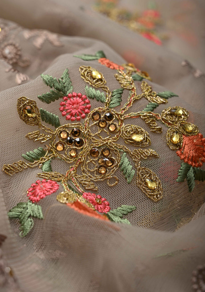 Light Gray Net Saree with meenakari floral embroidery, bead work and lace border