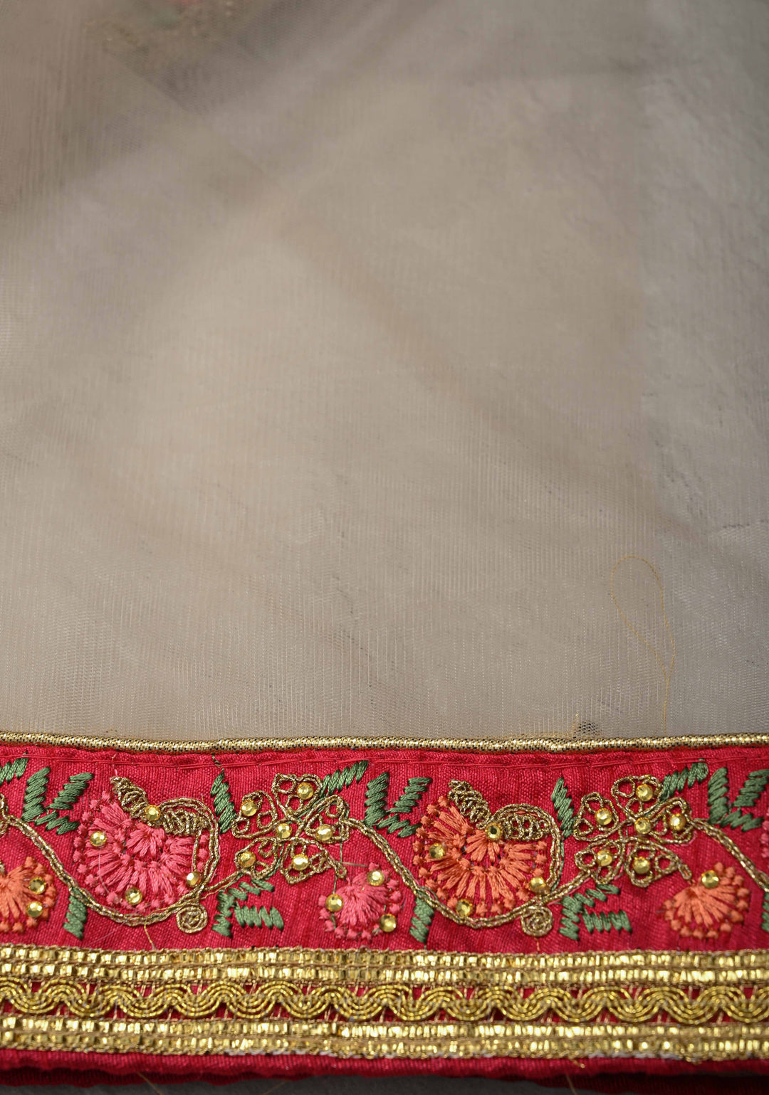 Light Gray Net Saree with meenakari floral embroidery, bead work and lace border