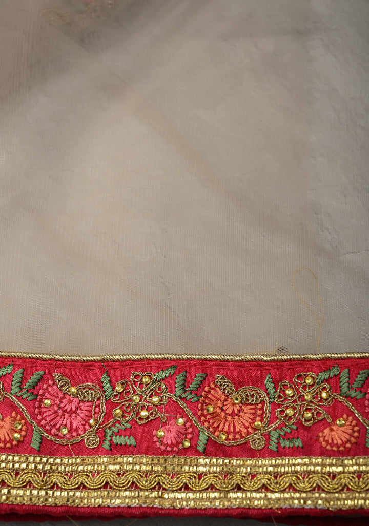 Light Gray Net Saree with meenakari floral embroidery, bead work and lace border
