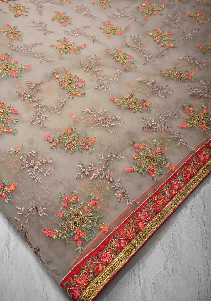 Light Gray Net Saree with meenakari floral embroidery, bead work and lace border