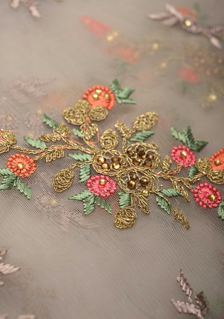Light Gray Net Saree with meenakari floral embroidery, bead work and lace border