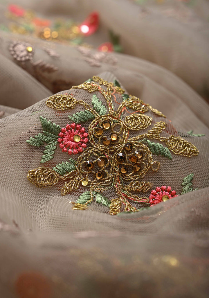 Light Gray Net Saree with meenakari floral embroidery, bead work and lace border