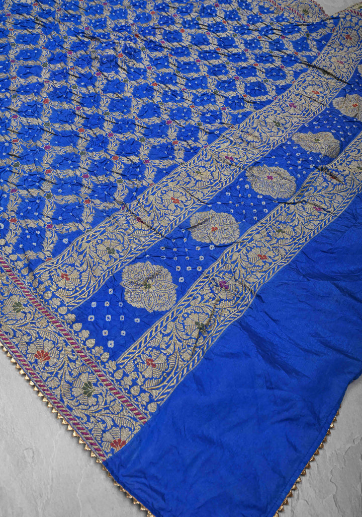 Dupatta:  Sapphire Blue Crushed Art Silk Dupatta with Bandhni Meenakari Jaal