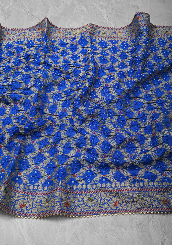 Dupatta:  Sapphire Blue Crushed Art Silk Dupatta with Bandhni Meenakari Jaal