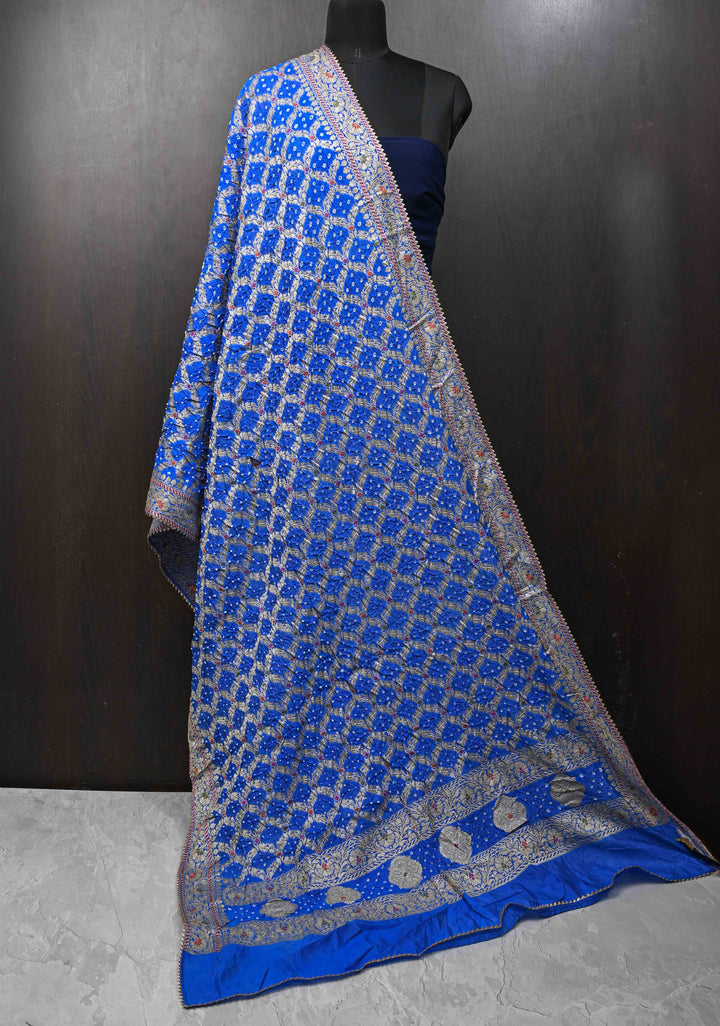 Dupatta:  Sapphire Blue Crushed Art Silk Dupatta with Bandhni Meenakari Jaal