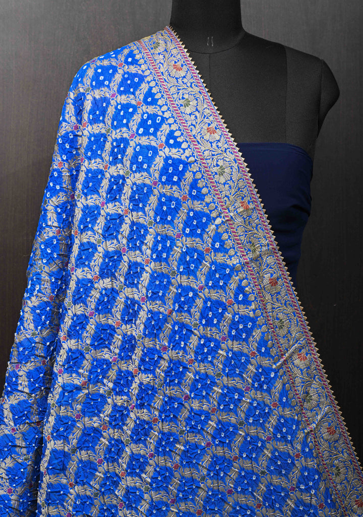 Dupatta:  Sapphire Blue Crushed Art Silk Dupatta with Bandhni Meenakari Jaal