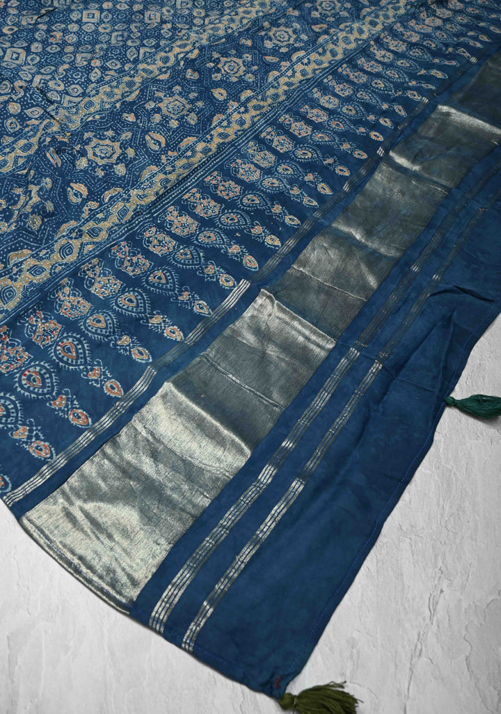 Dupatta:  Blue Ajrakh Hand Block Dupatta on Modal Silk