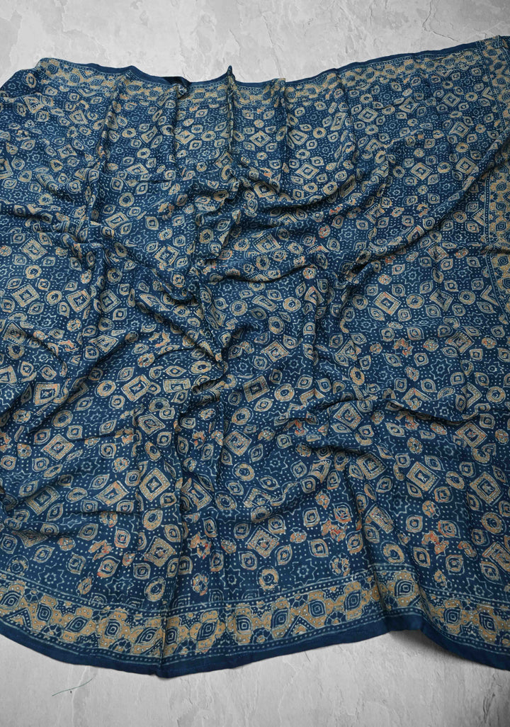 Dupatta:  Blue Ajrakh Hand Block Dupatta on Modal Silk